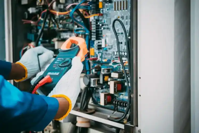 HVAC technician using a clamp meter to perform electrical diagnostics on a Rheem furnace circuit board during a detailed service inspection.