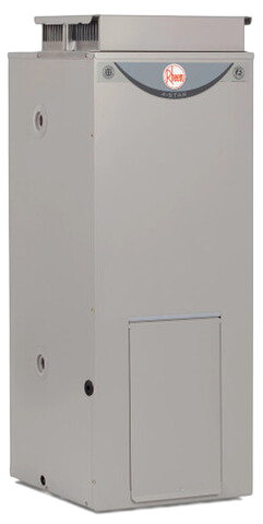A freestanding Rheem furnace unit with a compact, rectangular design and front-facing access panel.